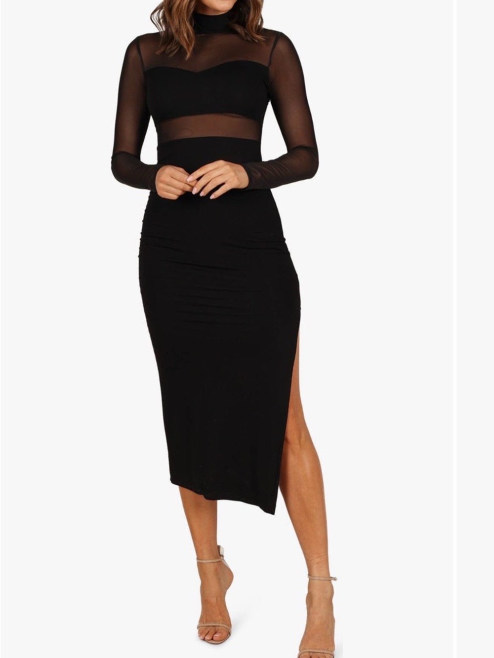 Petal & Pup Black Long Sleeve Mesh Panel Midi Dress